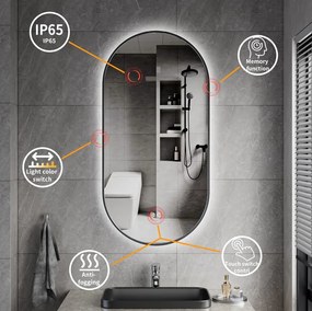 Erga Freya, ovális LED tükör 50x100cm fekete fém keretben, 3 világos szín, háttérvilágítás, páramentes fűtőpárna, ERG-V01-FREYA-5010-BK