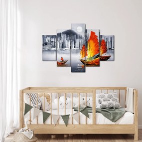 Festmény - Victoria Harbour, Hong Kong, fekete-fehér olajfestmény (150x105 cm)