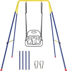 AIYAPLAY összehajtható gyerekhinta állvány — acél A-tartó 1 hintához, 2 kampó, 4 földszeg, időjárásálló, 50 kg teherbírás, beltéri/kültéri, 128 x 155