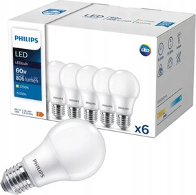Led izzó E27 6x Philips 8W 60W 806lm Meleg szín 2700K LEDbulb