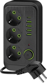 Aljzatelosztó kapcsolóval LINEA 3x230V + 5xUSB A/C 1,5 m SCHUKO fekete