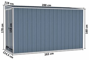 szürke acél falhoz erősíthető kerti fészer 118 x 288 x 178 cm