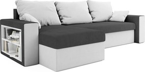 Kihúzható, kétoldalas L alakú kanapé NORIX 240x140 cm, szürke/fehér polccal + 2 díszpárna ingyen
