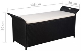 fekete polyrattan tárolópad párnával 138 cm