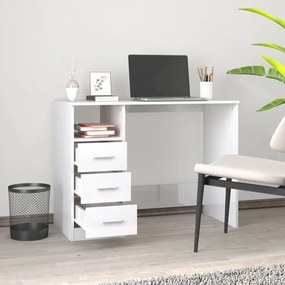 magasfényű fehér szerelt fa íróasztal fiókokkal 102x50x76 cm
