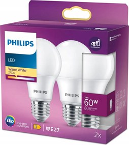 2x Led izzó E27 A60 7W 60W 806lm 2700K Meleg 150° Philips