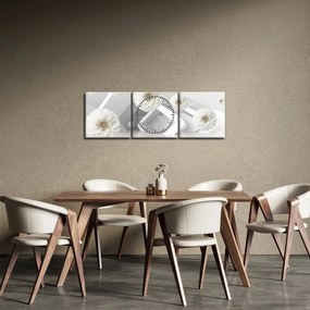 Absztrakt kép fehér virágokkal (órával) (90x30 cm)