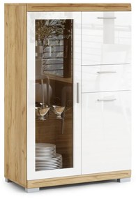 Mazzoni SIMPLE KWD3SZ1 komód Arany Tölgy/Fehér Fényes - VITRINES SZEKRÉNY KÖNYVESPOLC KOMÓD NAPPALIBA ÜVEG FÉNYES