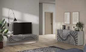 SNAKE TV állvány/fali szekrény, egy felnyíló ajtóval, betonhatású laminált tettel és szürke, díszített mintázatú előlapokkal