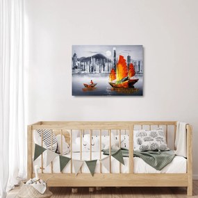 Festmény - Victoria Harbour, Hong Kong, fekete-fehér olajfestmény (üvegen) (70x50 cm)