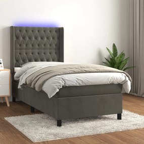 Sötétszürke bársony rugós és LED-es ágy matraccal 80 x 200 cm