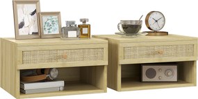 HOMCOM 2 db Függő Ágymelletti Asztal - Nyitott Tárolóval és Rattan Elülső Fiókkal 40x34x23 cm