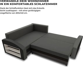 Grande sarokkanapé polcokkal , polc a bal karfaban, baloldali, szövet anyag, hab töltet, szürke - fekete