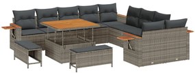 13 Darabos Kertigarnitúra Párnákkal Szürke Poli Rattan Akác, 3 Darabos Kerti Étkező Szett Párnákkal Szürke Poli Rattan Akác