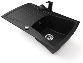 Gránit mosogatótálca NERO Venezia + kihúzható zuhanyfejes Shower csaptelep + dugókiemelő (matt fekete)