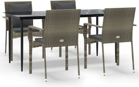 vidaXL 5 részes fekete és szürke polyrattan kerti étkezőszett párnával