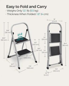 SONGMICS 2 Lépcsős Összecsukható Létrás Fellépő (150 kg Teherbírás), Szürke