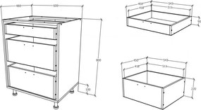 Benita 3 fiókos Alsó konyhaszekrény Sonoma Tölgy-Fehér 60x50x80 cm N