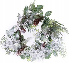 Gazdag koszorú hóval és tobozokkal 35cm karácsonyi dekoráció