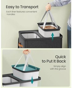 szennyeskosár 2 rekesszel, 170 l, 56 x 40 x 75 cm, fekete