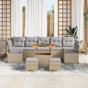 10 Részes Kerti Sofa Szett Párnákkal Bézs Poli Rattan Akác