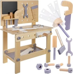 Fa játékműhely, barkácsasztal gyerekeknek kéziszerszámokkal, csavarokkal, alkotóelemekkel 67x26x45 cm