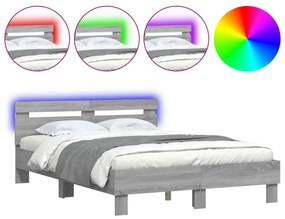 szürke sonoma színű ágykeret fejtámlával és LED-del 120x190 cm