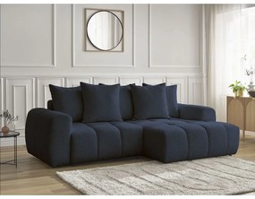 Kék buklé kinyitható-tárolóhelyes sarokkanapé (jobb oldali-heverő résszel) Roxelane – Bobochic Paris