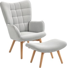 HOMCOM Fotel Ottoman-nal, Magas Hátú Szárnyas Fotel, Fa Lába, Kárpitozott Lounge Fotel, Bordás Hatás, Nappaliba, Szürke | Aosom