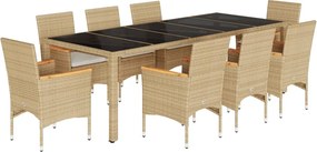 vidaXL 9 részes bézs polyrattan/üveg kerti étkezőgarnitúra párnákkal