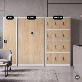 Fém irodai szekrény kódzárral, fehér, sonoma tölgy, 900x1850x400 mm: DANIEL Eco Design