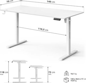 Állítható magasságú íróasztal Nojo Light 140 cm x 60 cm fehér