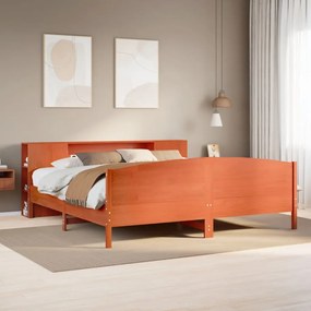 barna tömör fenyőfa könyvespolcos ágy matrac nélkül 180 x 200cm
