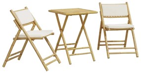 vidaXL 3 db bambusz összecsukható bisztrószett krémfehér párnával