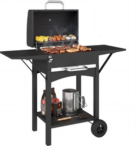 Outsunny faszenes grill fedéllel — BBQ füstölő kocsi 2 oldalsó asztallal, nagy sütőfelület, hőmérő és kerekek, 110 x 46,5 x 101 cm (fekete) | Aosom