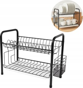 Álló Szárítógép Csepegtető Fém Fekete Kétszintes Tányérok Evőeszközök