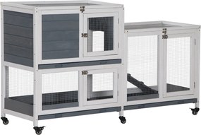 PawHut Fa Nyúlketrec Kerekekkel 147x45,5x88,5 cm 2-Szintes Ketrec Nyulaknak Nyitható Tetővel, 2 Fém Futóval, 3 Kivehető Tálcával, 3 Ajtóval Zárral és