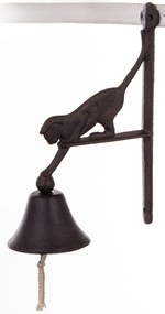 Öntöttvas sötétbarna felületre szerelhető cicás fali kolomp jutakötéllel 35x21x11cm