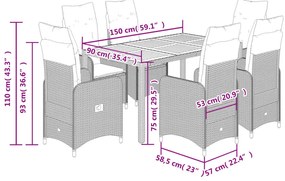 vidaXL 7 részes fekete polyrattan kerti bisztrógarnitúra párnákkal
