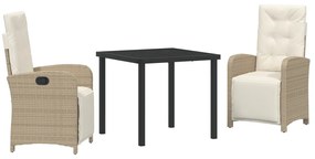3 Részes Kerti Étkezőszett Párnákkal Bézs Poli Rattan, Kerti Asztal Fekete 80x80x73 cm Edzett Üveg