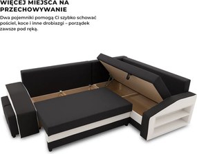 Grande sarokkanapé polcokkal és puffokkal , polc a jobb karfaban puffok a bal karfaban, jobboldali, szövet anyag, bonell töltet, fekete - fehér
