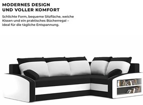 Grande sarokkanapé polcokkal , polc a jobb karfaban, jobboldali, szövet anyag, bonell töltet, fekete - fehér