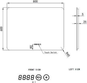 Tükör LED világítással 80x60cm | Páramentesítő funkció | Beépített óra | Fényerő és színhőmérséklet szabályozás | Welland Type-1HS