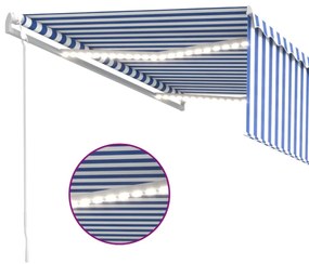 kék és fehér redőnyös, szélérzékelős, LED-es napellenző 4,5x3 m