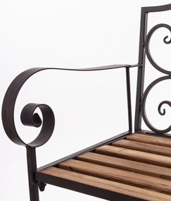 Kovácsoltvas jellegű barna fekete fémvázas kerti pad fa lécekkel 96x108x53cm