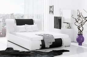 Valentina fényűző ágy magasított fejtámlával és tárolóval, fehér ökobőr, 160 x 200