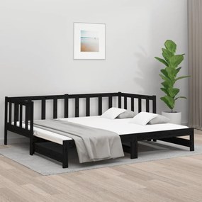 fekete tömör fenyőfa kihúzható kanapéágy 2x(90x190) cm