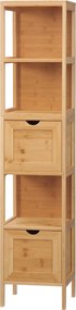Kleankin Fürdőszobaszekrény 2 Fiókkal, 3 Polccal, Bambusz Oldalszekrény Karcsú Tárolószekrény fürdőszobához és Nappaliba 30 x 30 x 140 cm Természetes