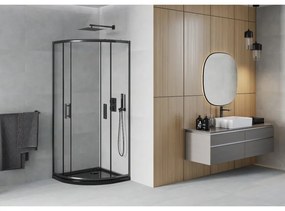 Mexen Rio, negyed kör alakú zuhanykabin tolóajtóval 90 x 90 cm, 5mm átlátszó üveg, fekete profil + fekete zuhanytálca, 863-090-090-70-00-4170B