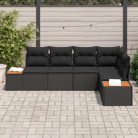 5 részes kerti kanapé szett párnákkal, fekete, poli rattan, akácia
